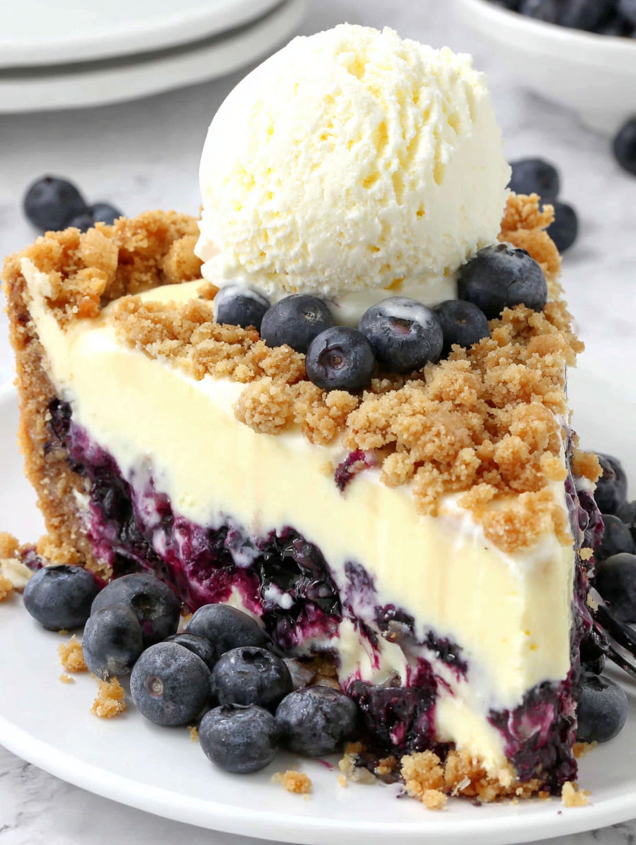 A slice of pie with blueberries and ice cream on top.