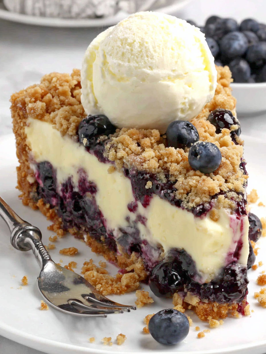 A slice of blueberry cheesecake with a scoop of ice cream on top.