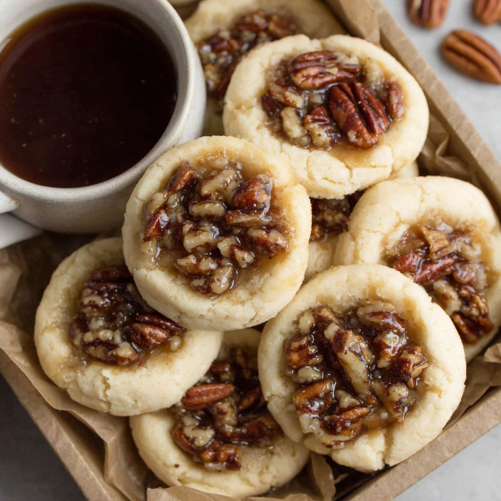 A box of pecan pie cookies with a cup of coffee.