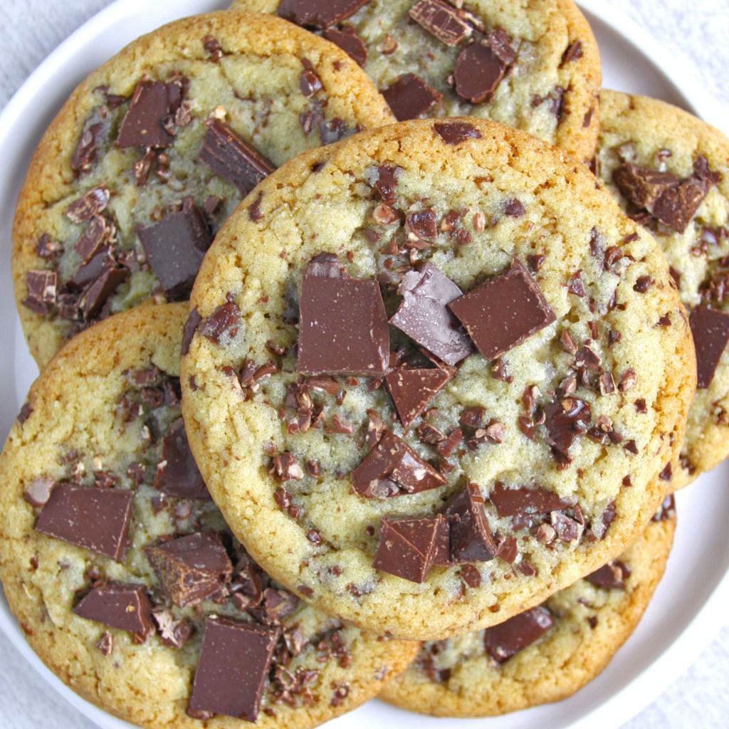 A plate of chocolate chip cookies.