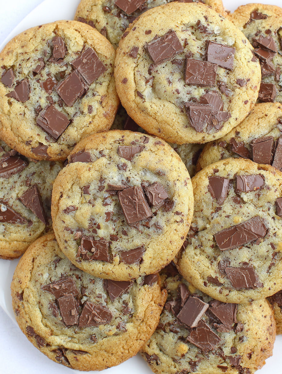 A plate of chocolate chip cookies with chocolate chips on top.