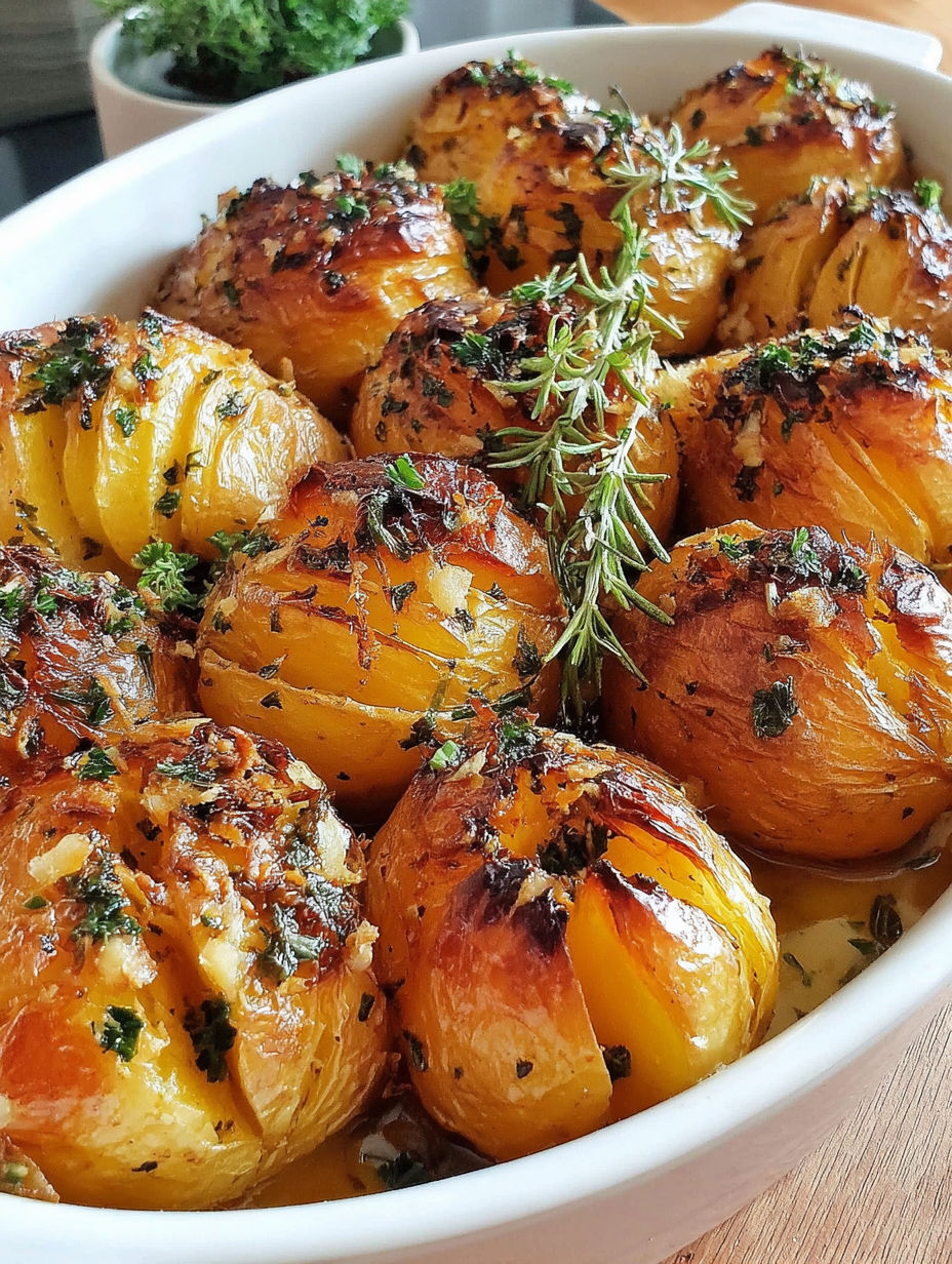 A bowl of roasted potatoes with garlic and rosemary.