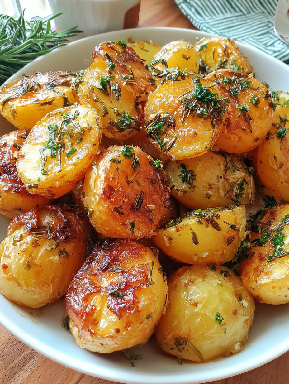 A bowl of roasted potatoes with garlic and rosemary.
