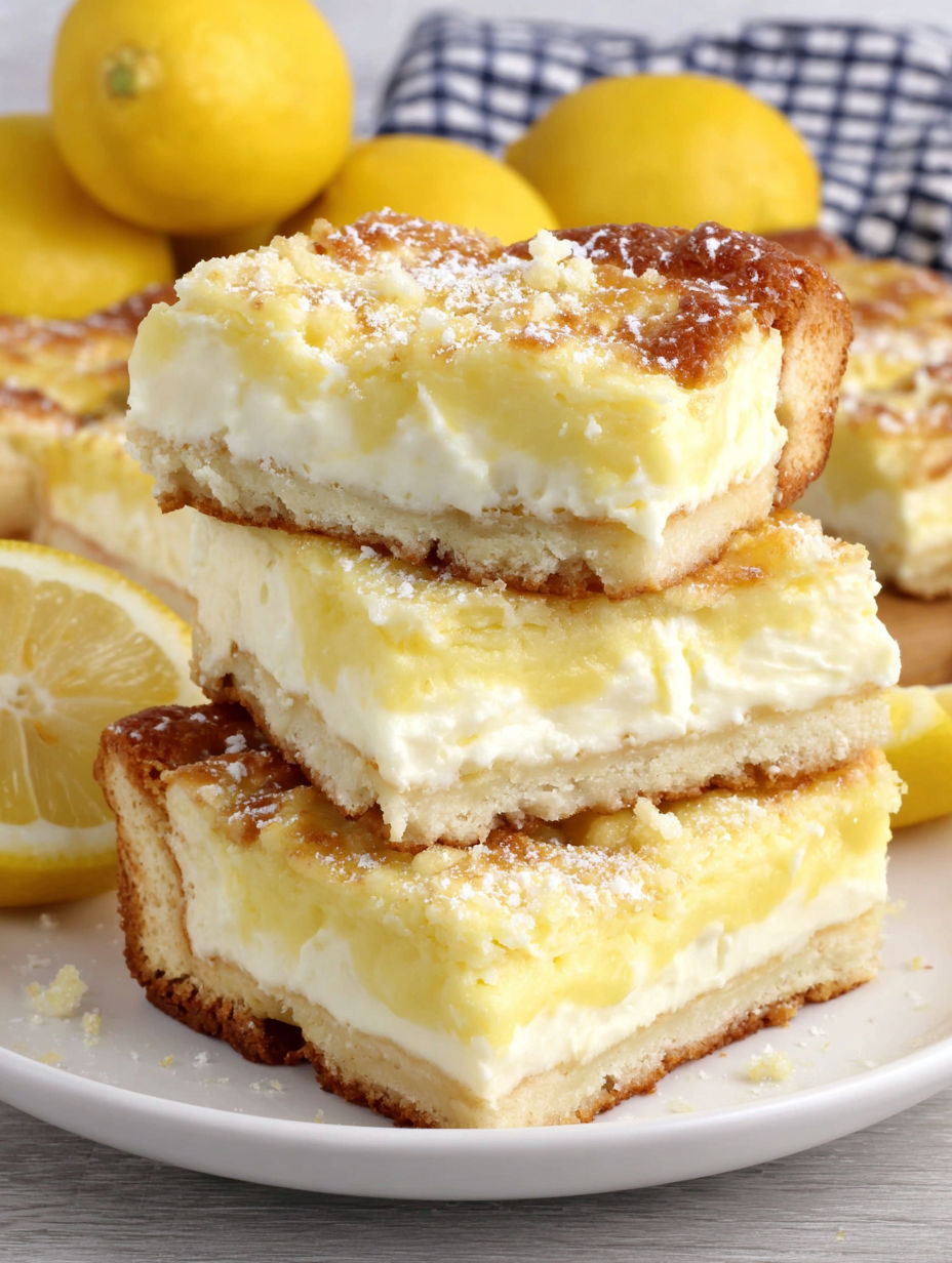 Lemon cream cheese bars with powdered sugar on top.