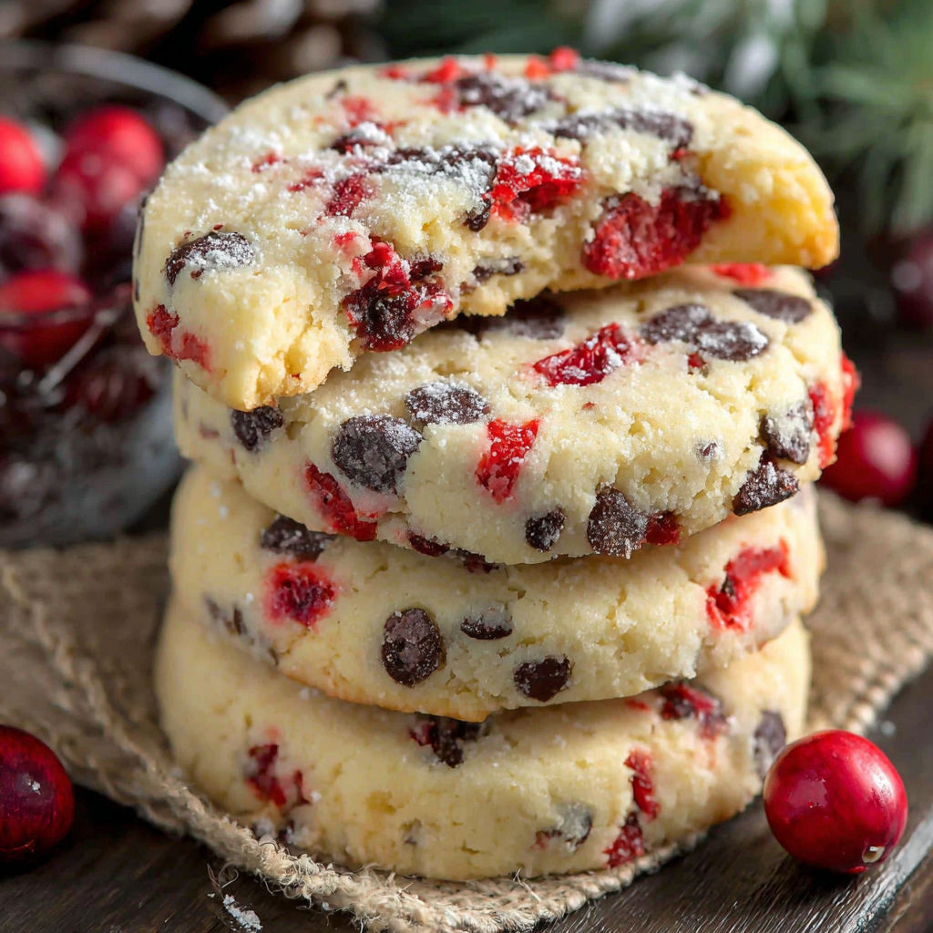 A stack of shortbread cookies with maraschino cherries on top.