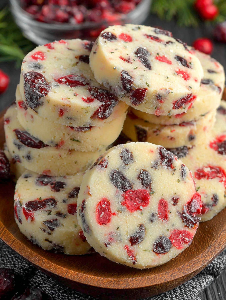 A stack of Christmas Maraschino Cherry Shortbread Cookies.