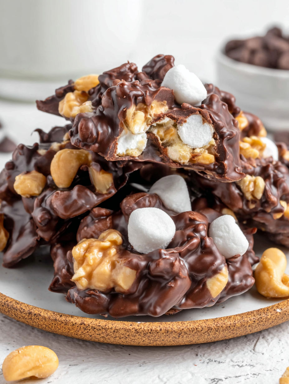 A plate of chocolate covered marshmallows.