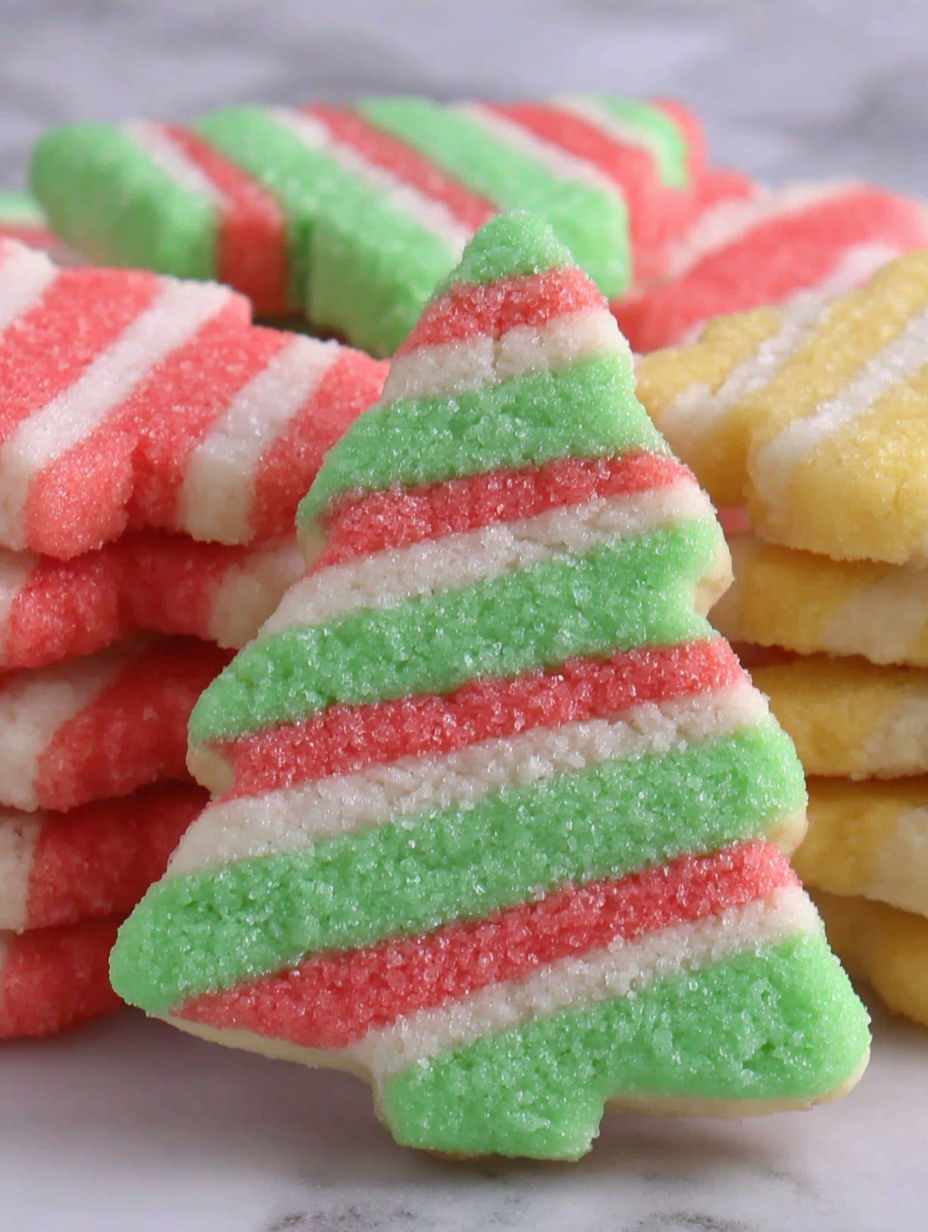 A stack of cookies with different colors and shapes.