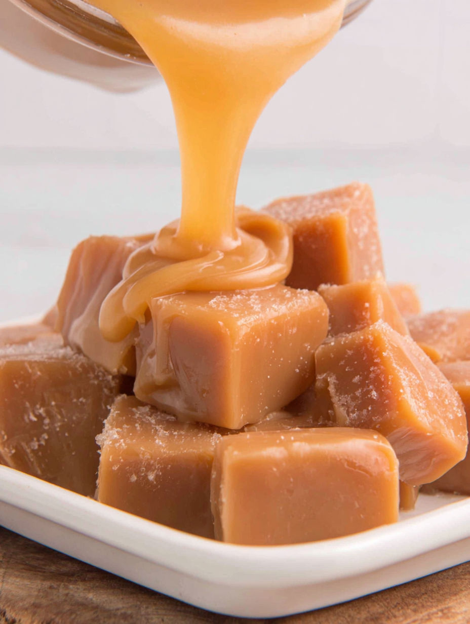 Caramel sauce drizzled over a stack of caramel candies.
