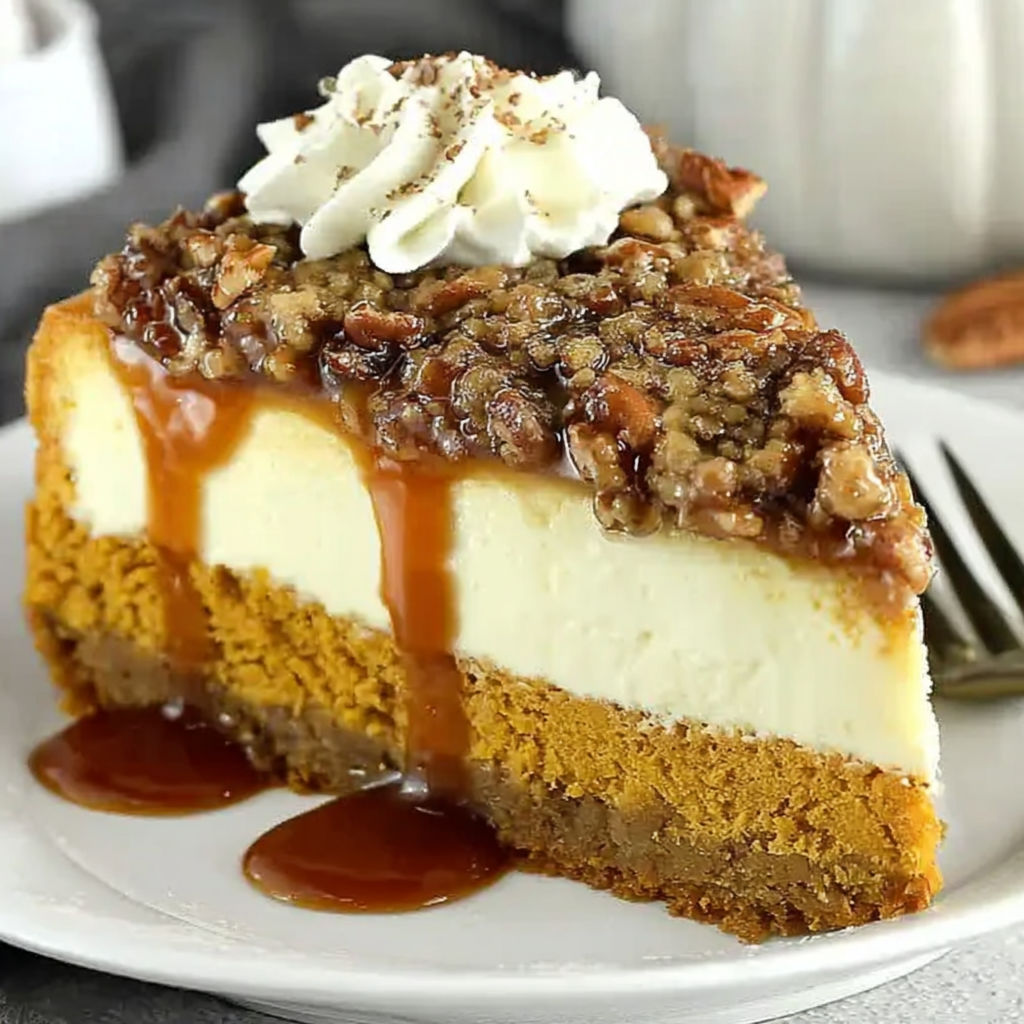 A slice of pumpkin bread cheesecake with a pecan praline topping.