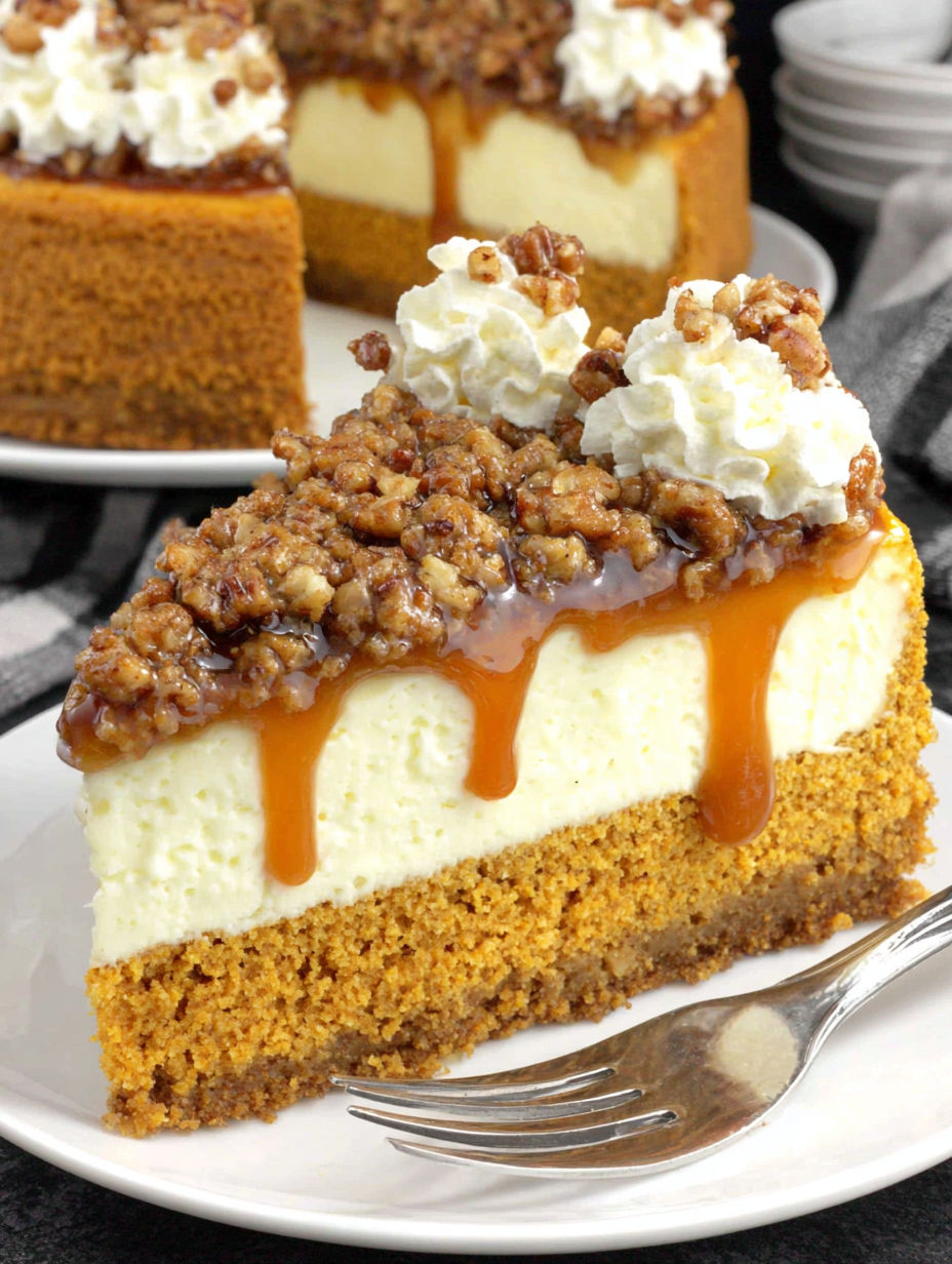 A slice of pumpkin bread cheesecake with a pecan praline topping.