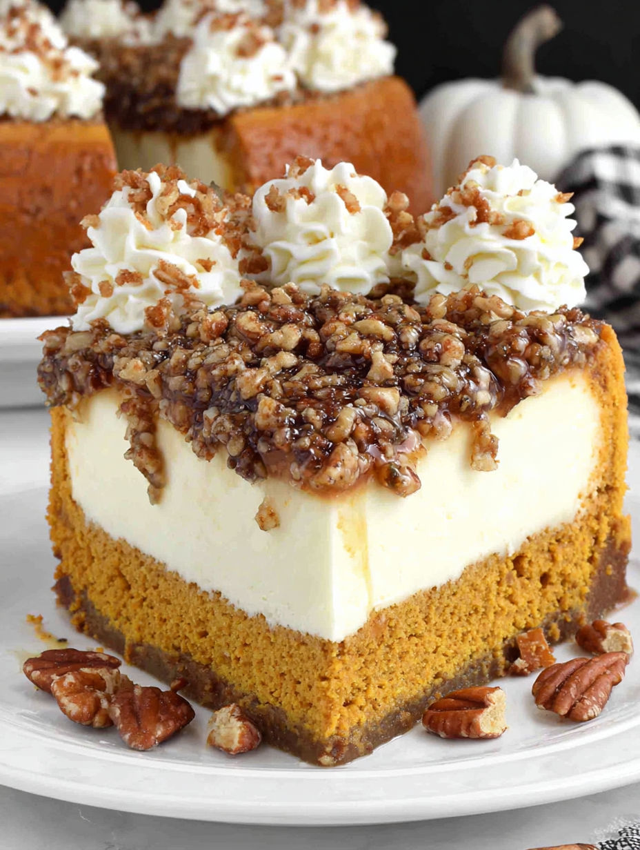 A slice of pumpkin bread cheesecake with pecan praline topping.