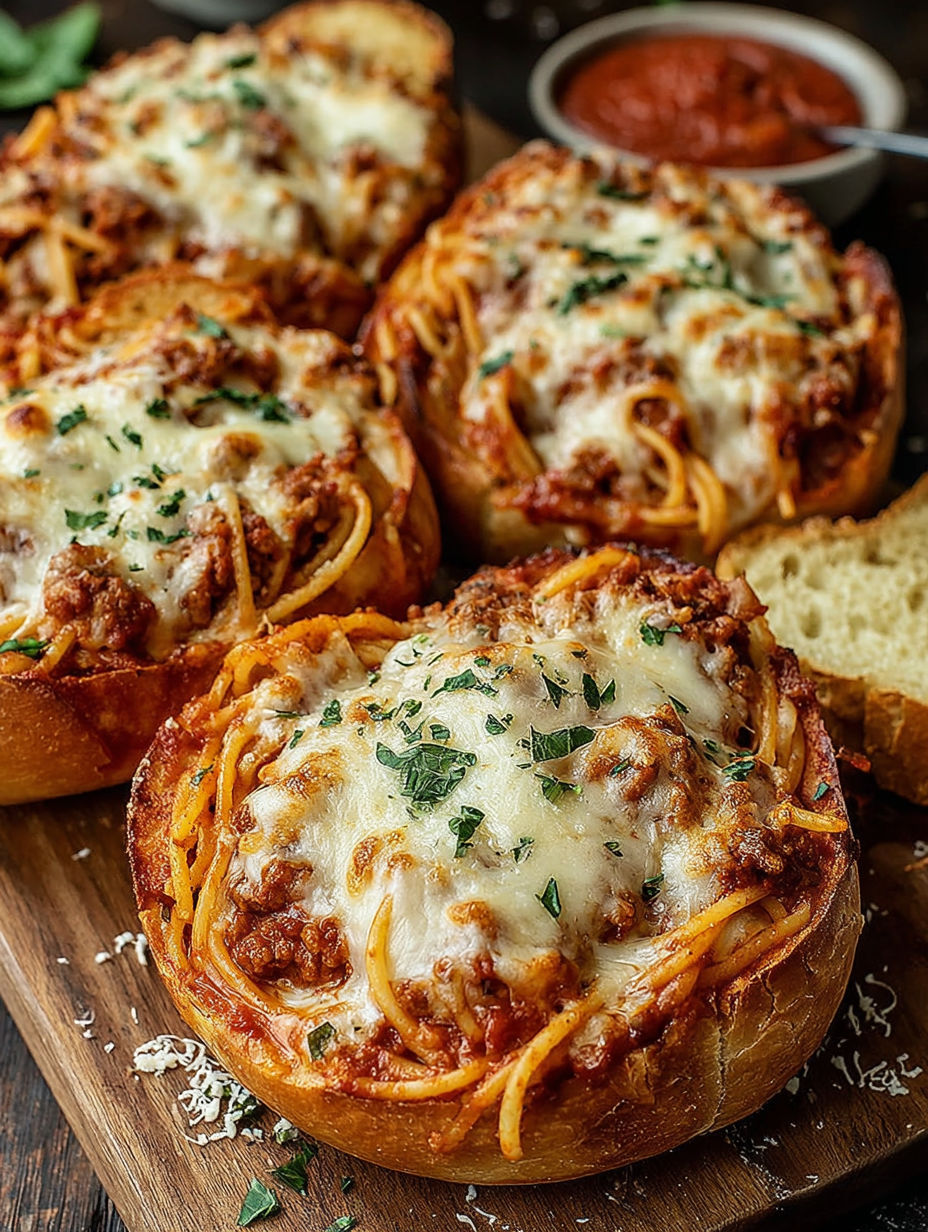 A plate of garlic bread bowls with spaghetti in them.