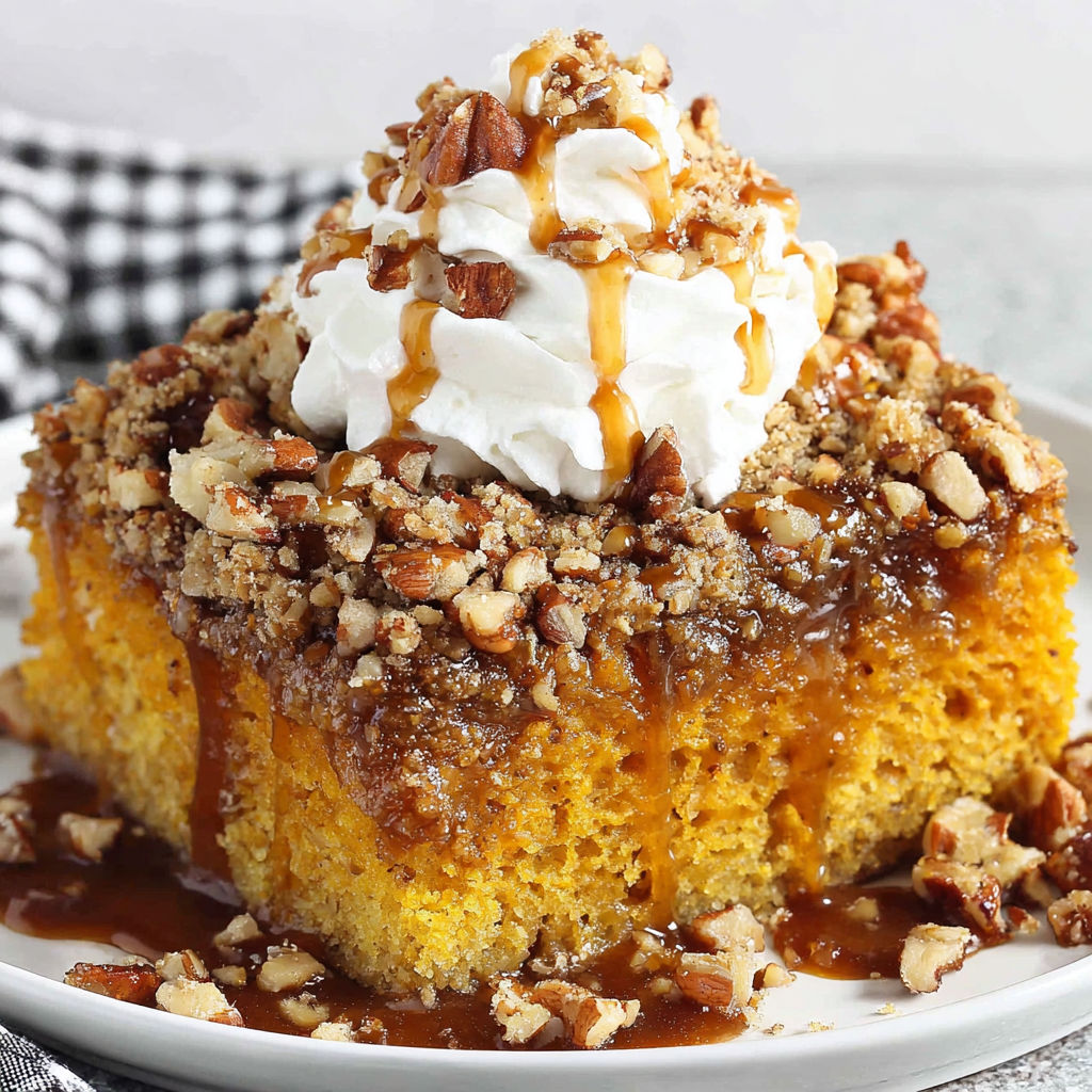 A slice of pecan pumpkin crunch cake with whipped cream on top.