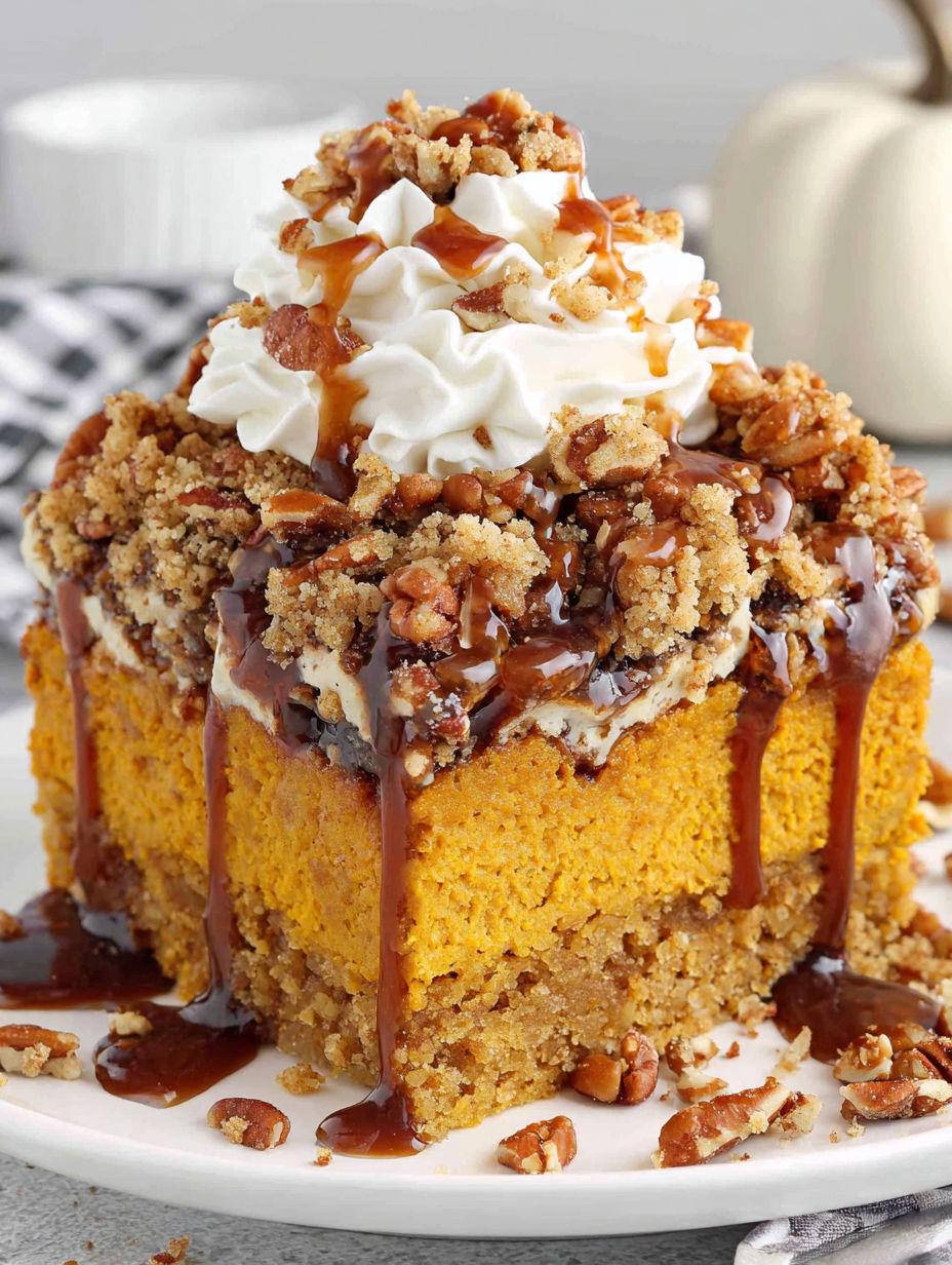A slice of carrot cake with a drizzle of caramel sauce.