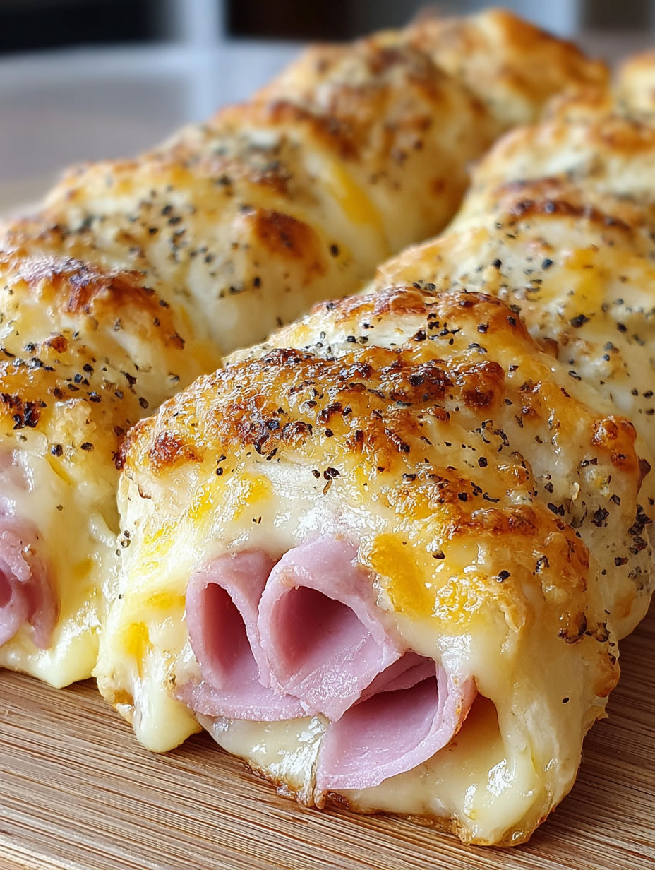 A slice of pizza with ham and cheese.