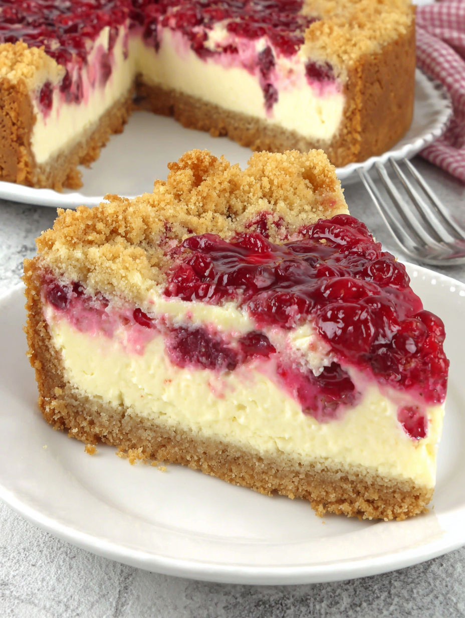 A slice of cake with berries on top.