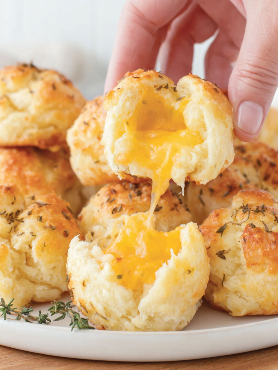 A hand is holding a biscuit with cheese and butter.