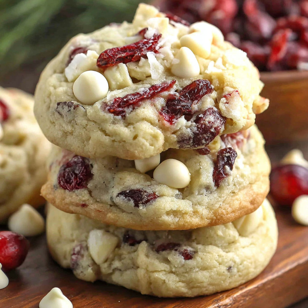 White chocolate cranberry cookies stacked on a wooden board.