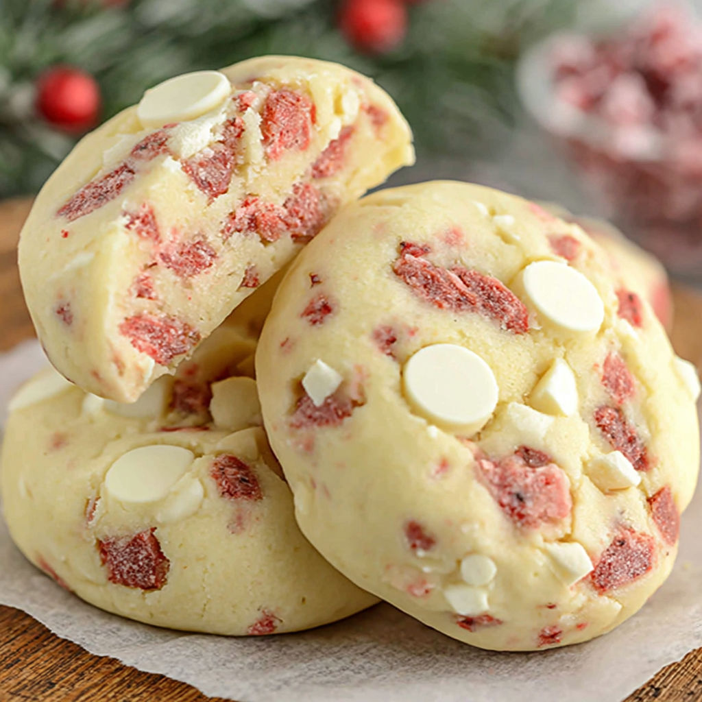 Three pieces of red and white chocolate shortbread cookies.