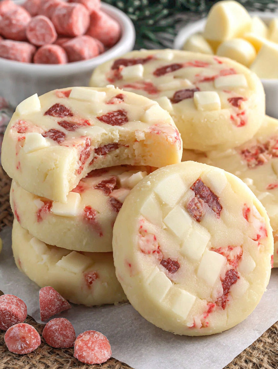 A white plate with a red and white dessert on it.