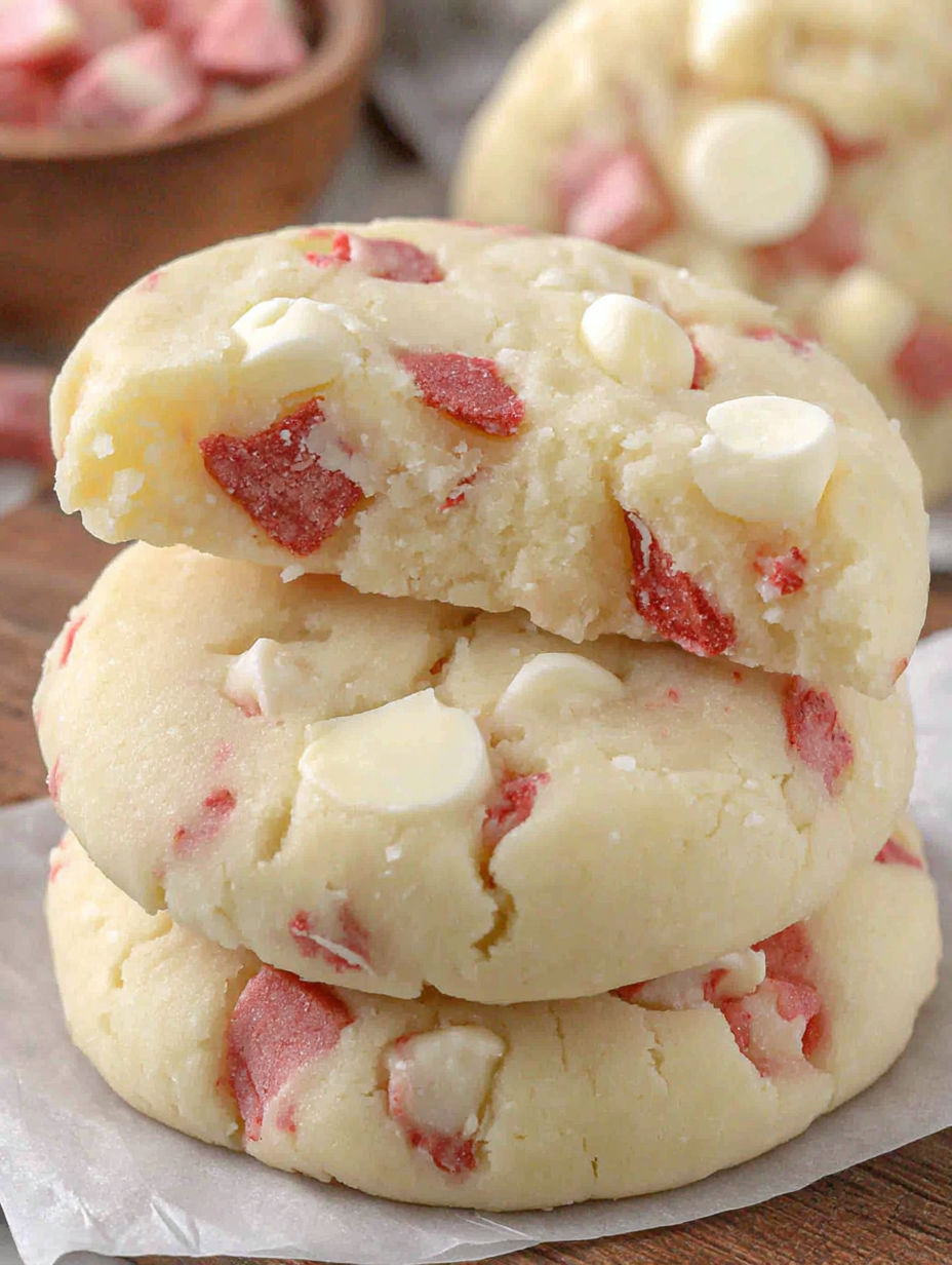 A stack of cookies with white icing and red icing.