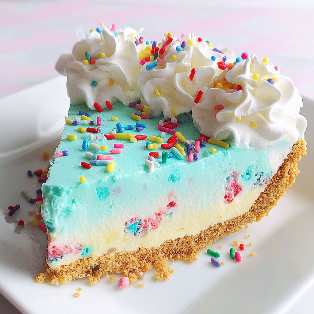 A slice of a no bake birthday cake pie.