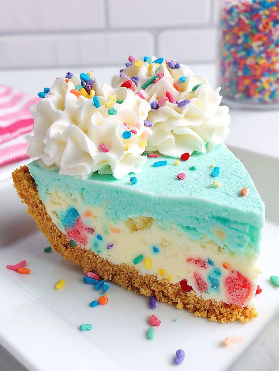 A slice of cake with a white frosting and colorful sprinkles.