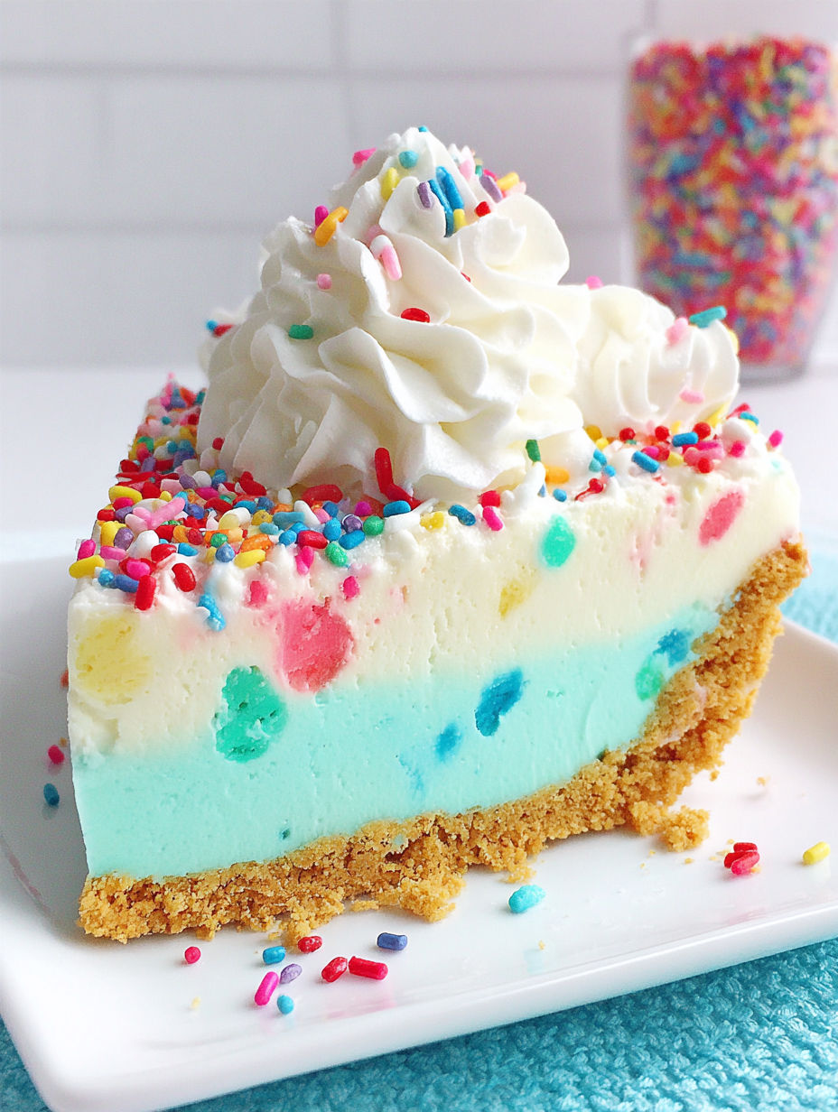 A slice of cake with white frosting and sprinkles.