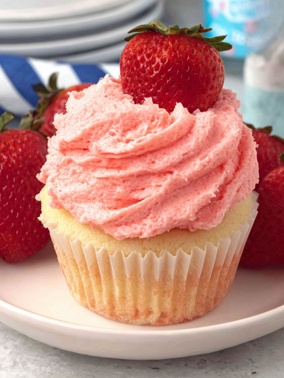 A cupcake with pink frosting and strawberries on top.