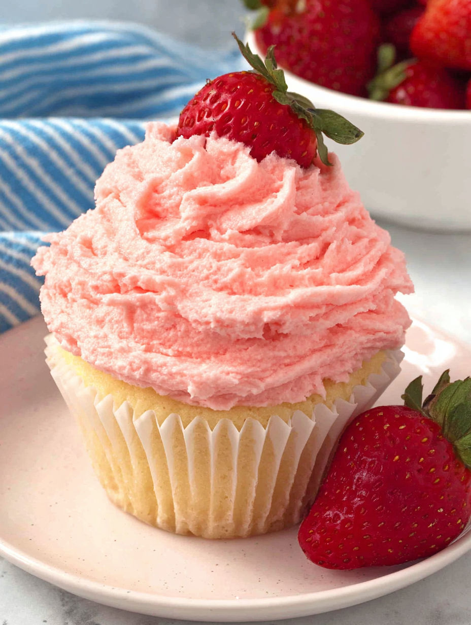 A cupcake with pink frosting and strawberries on top.