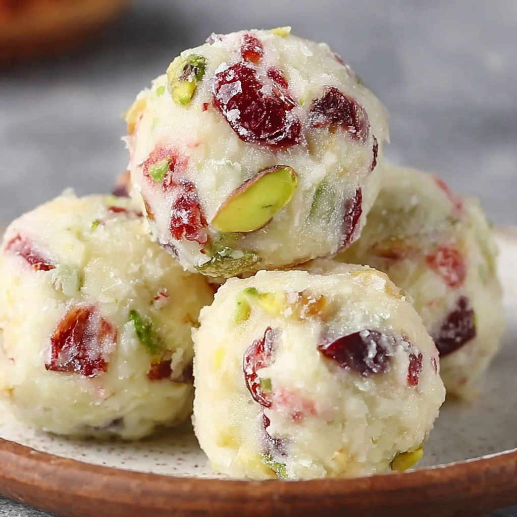 A plate of cranberry pistachio white chocolate truffles.