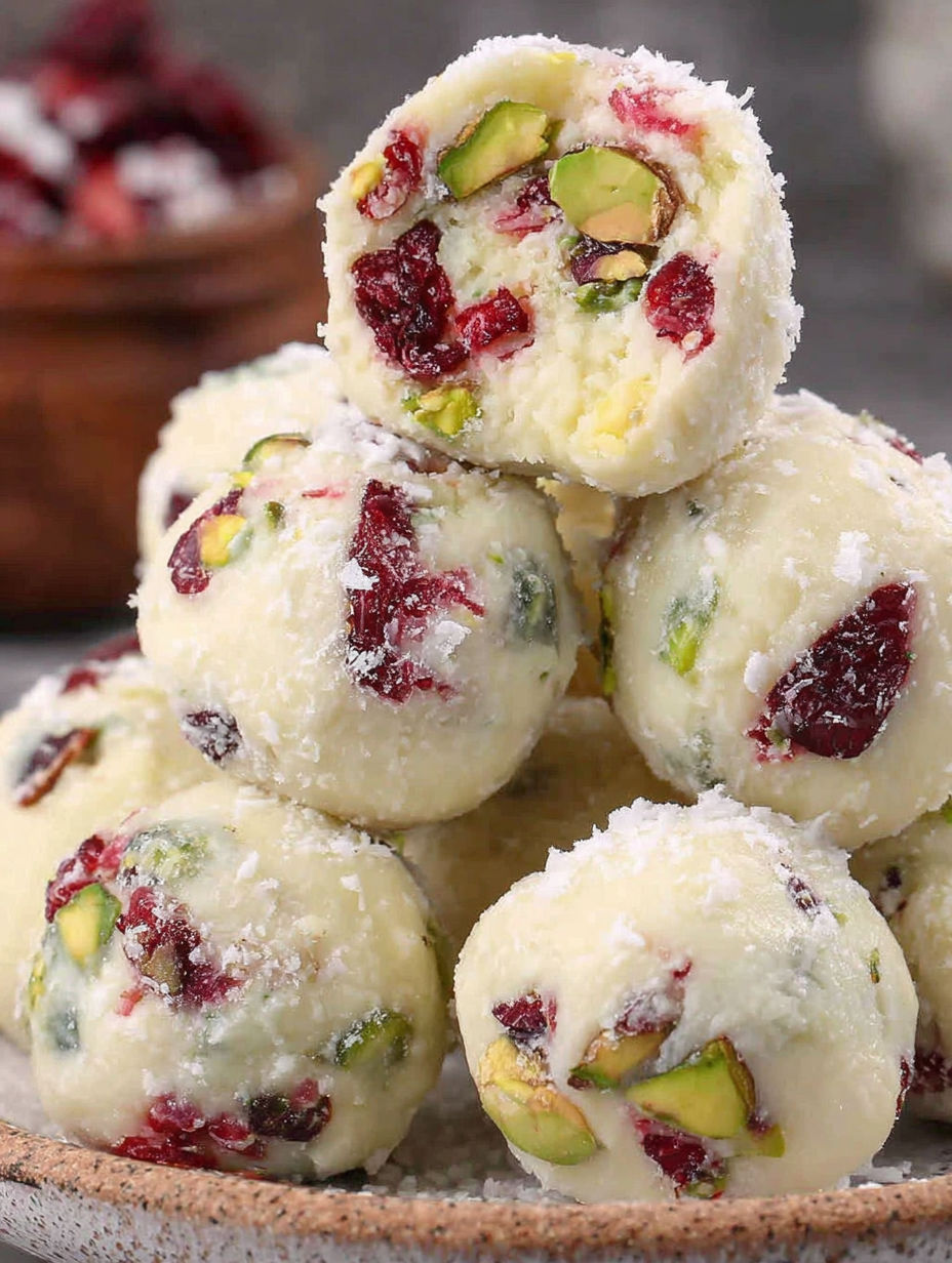 A stack of white chocolate truffles with cranberry and pistachio.