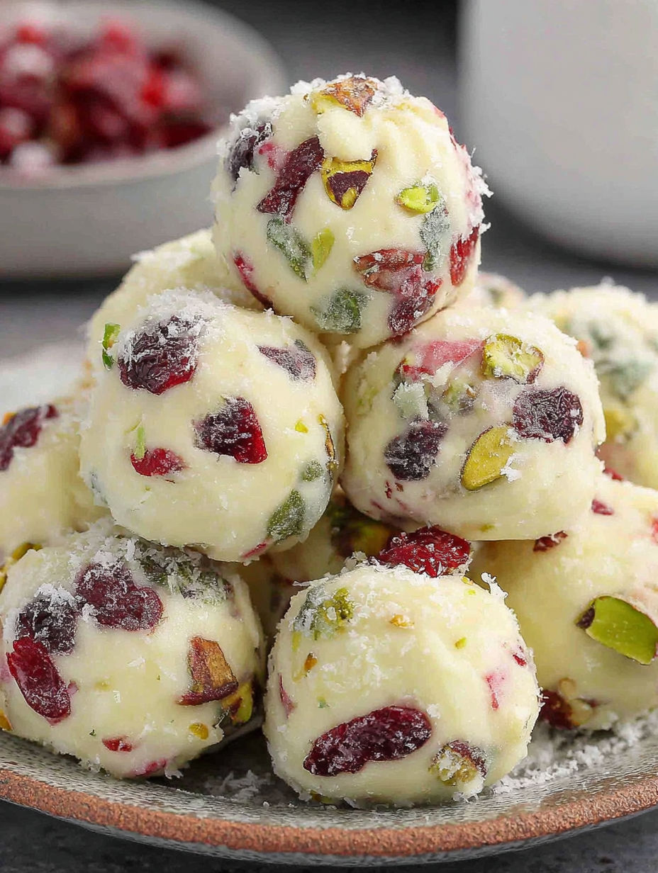 A stack of white chocolate truffles with cranberry and pistachio toppings.