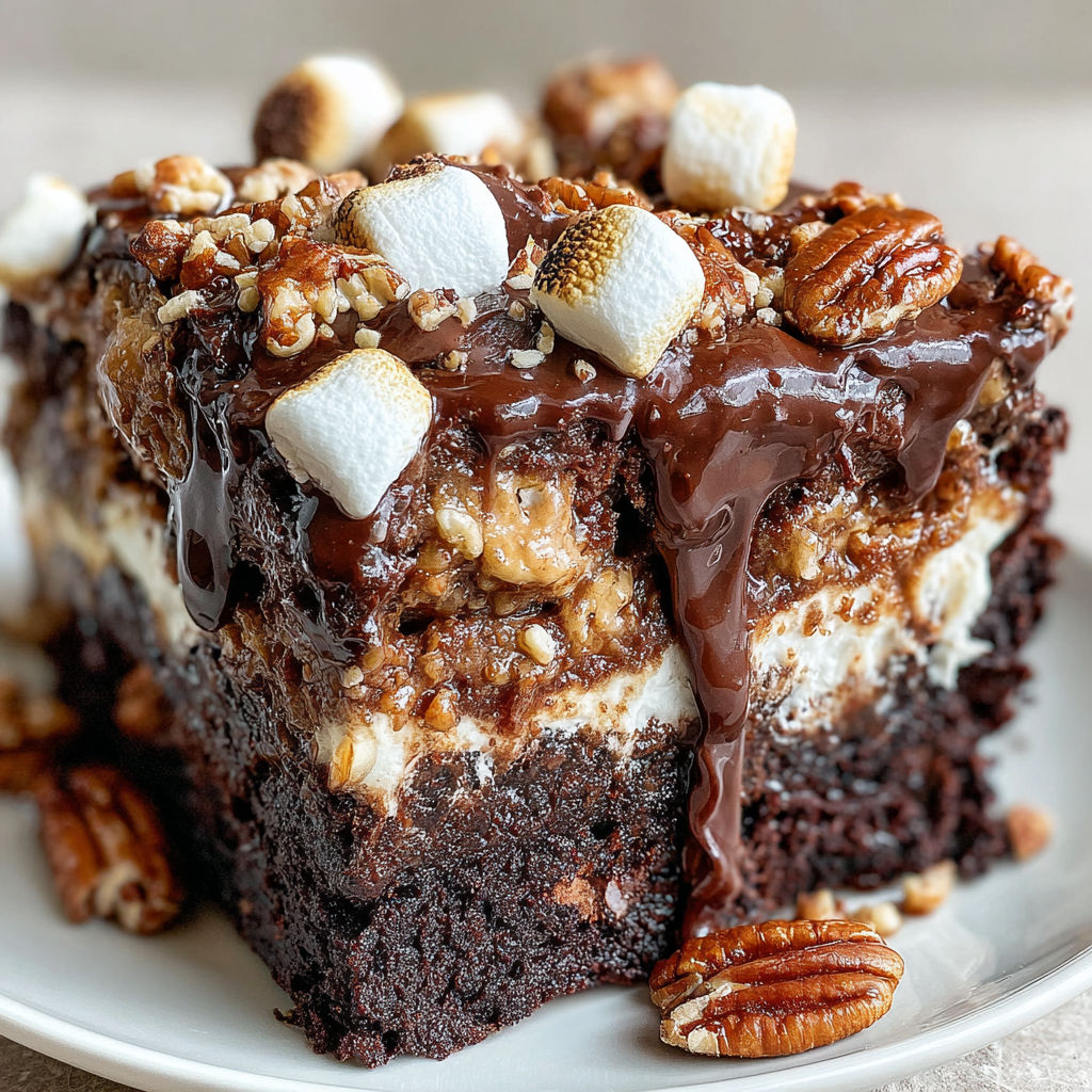A slice of Mississippi Mud Poke Cake.