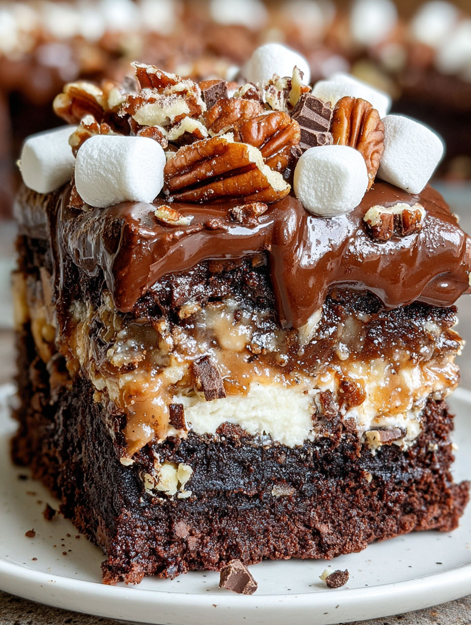A slice of chocolate cake with marshmallows and walnuts on top.