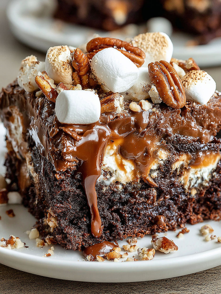 A slice of chocolate cake with marshmallows on top.