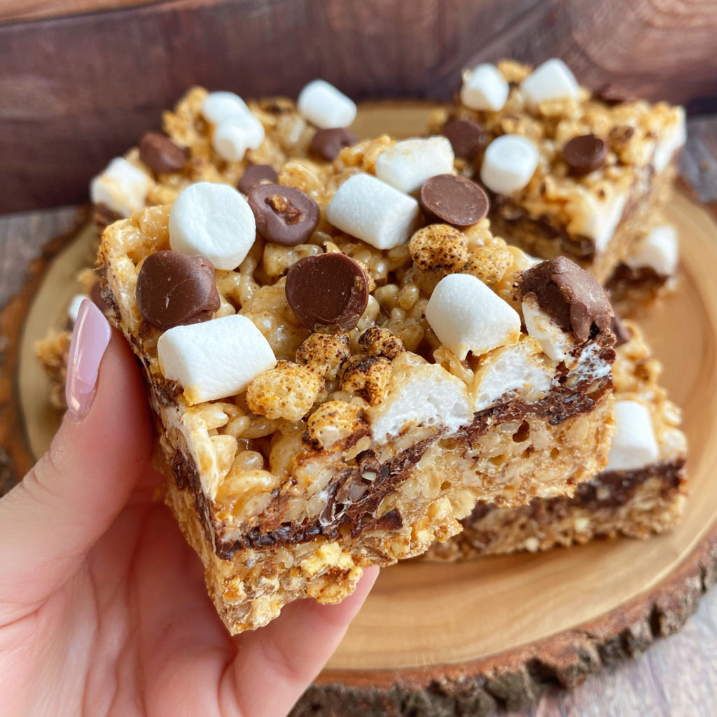 A person holding a piece of a rice krispy treat.