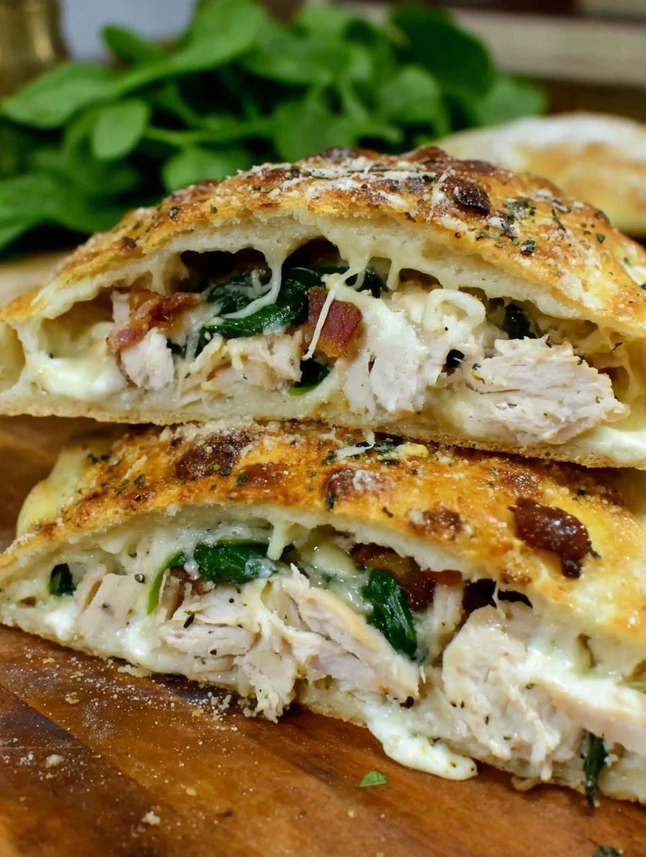 A close up of a chicken bacon ranch calzone.