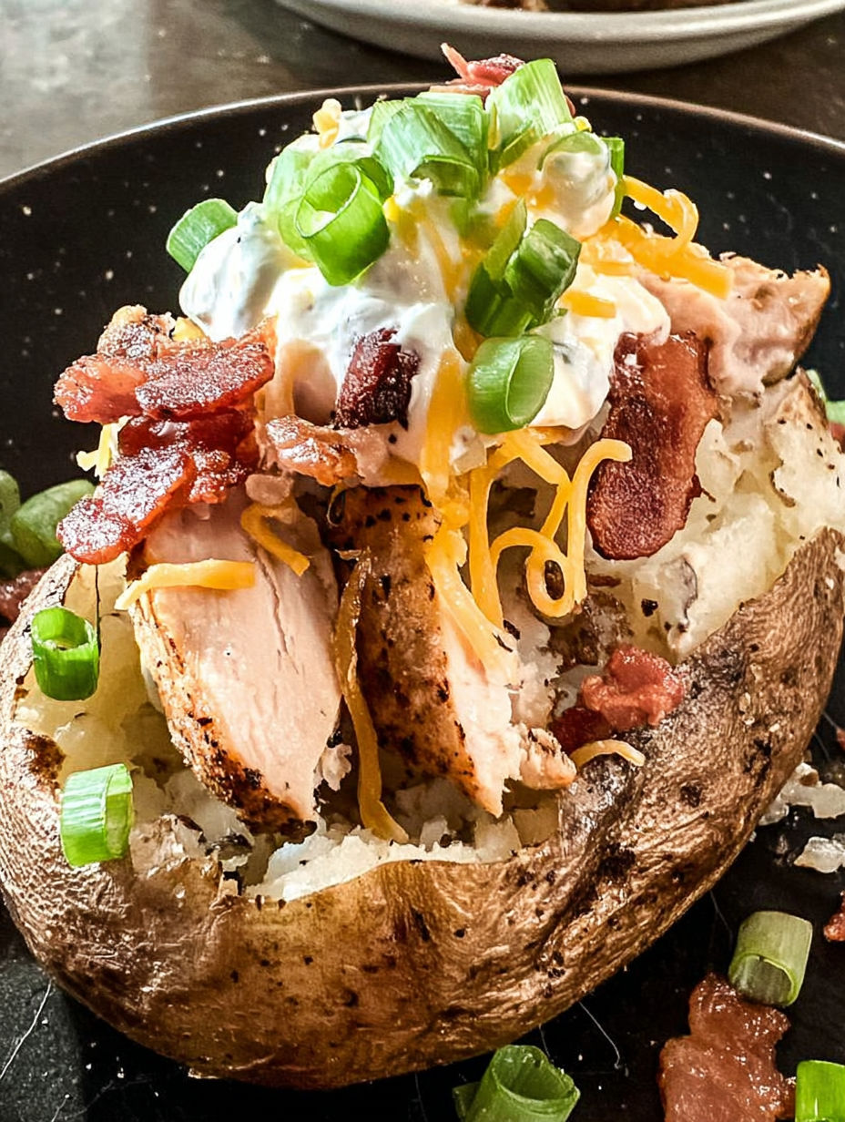 A baked potato with chicken and bacon on top.