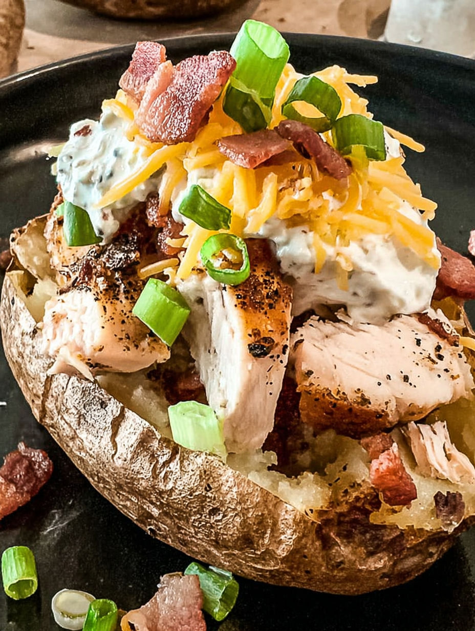 A baked potato with chicken and bacon on top.