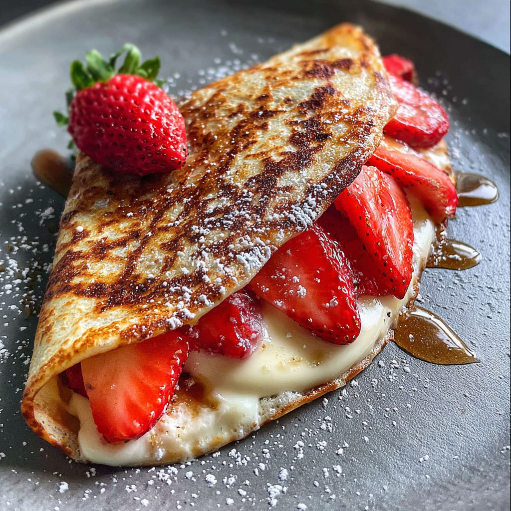 A quesadilla with strawberries and whipped cream on top.