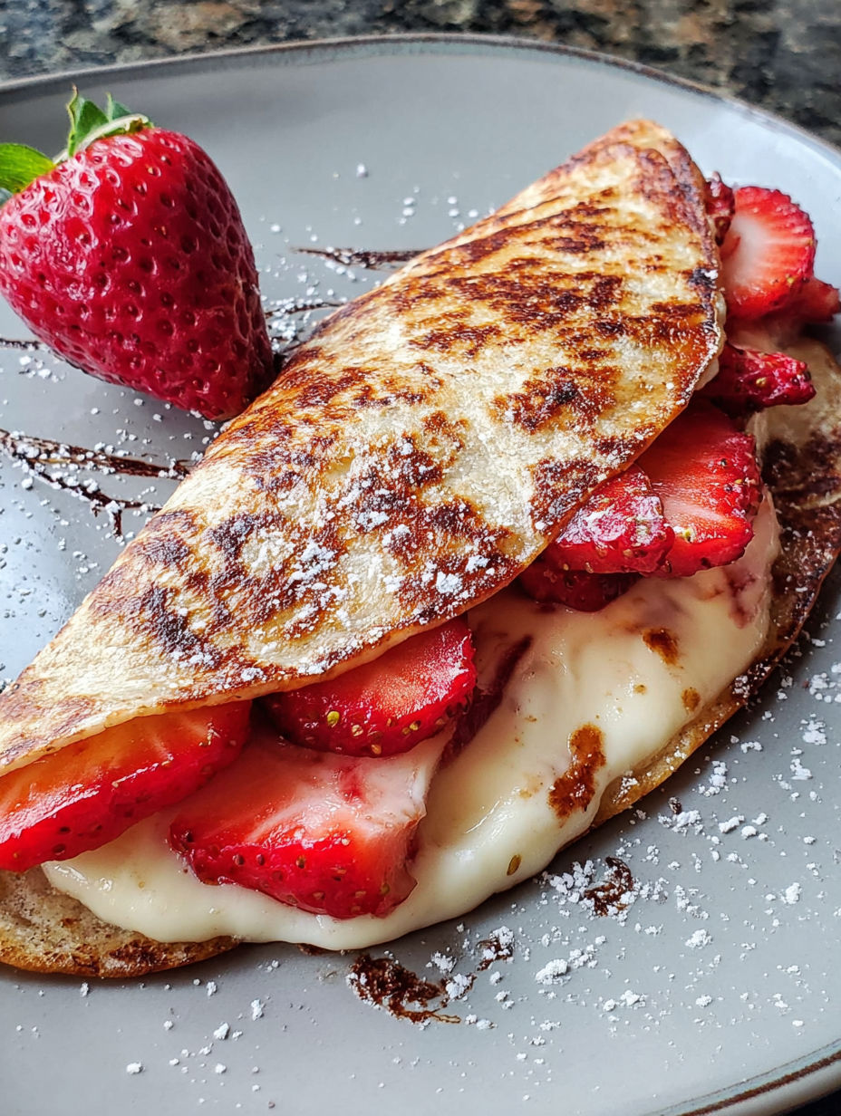 A quesadilla with strawberries and whipped cream on top.