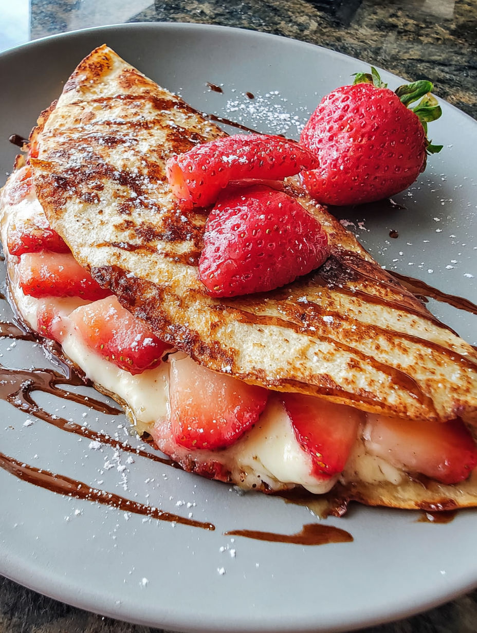 A quesadilla with strawberries and cheese on top.