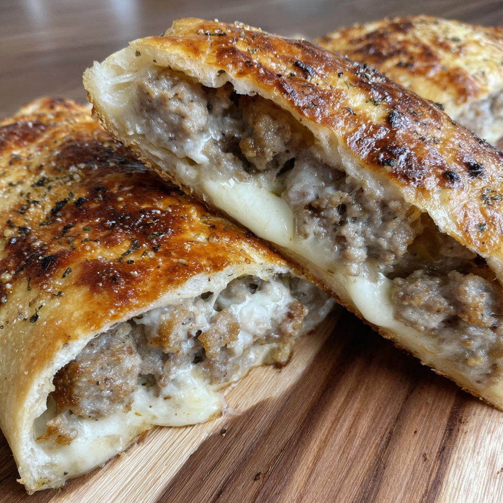 A sausage bread sandwich on a wooden table.