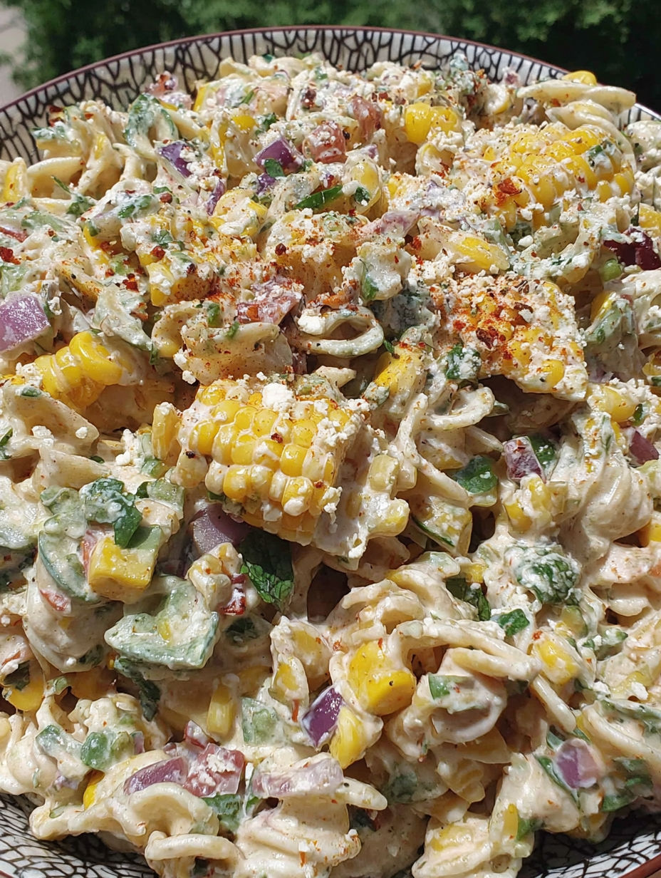 A bowl of pasta with corn and peppers.