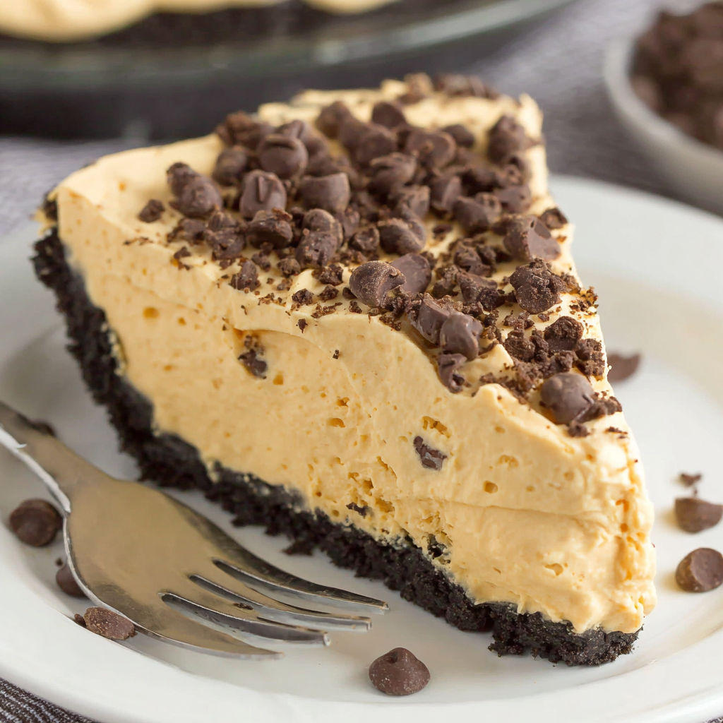A slice of peanut butter pie with chocolate chips.