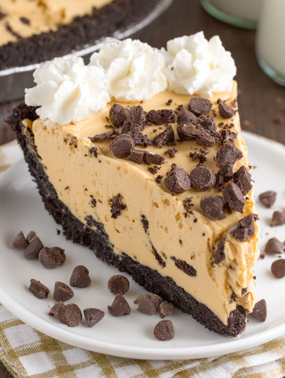 A slice of chocolate cake with white frosting and chocolate chips.