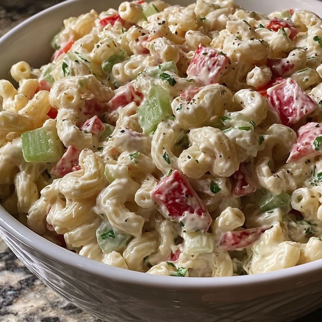 A bowl of macaroni salad with tomatoes and green onions.