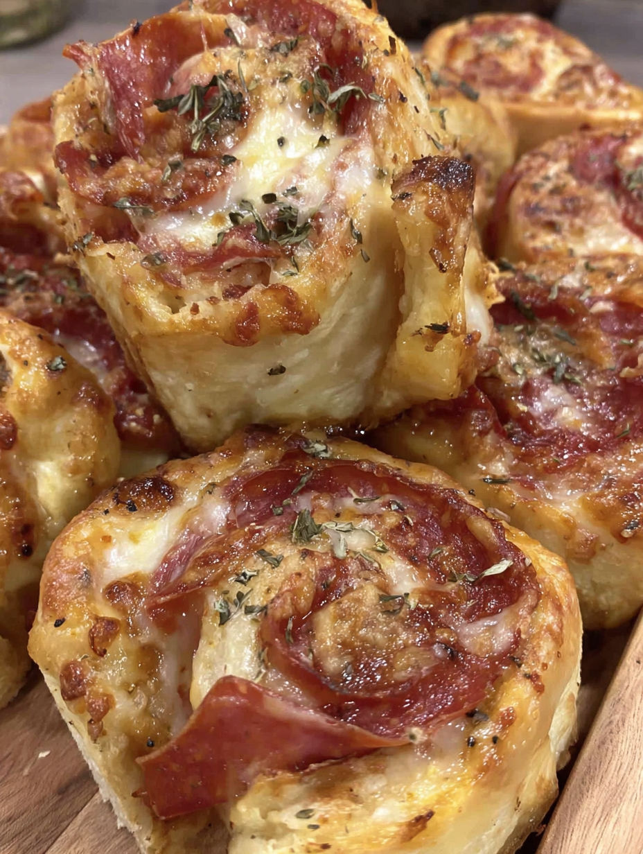 A close up of a pastry with meat and cheese.